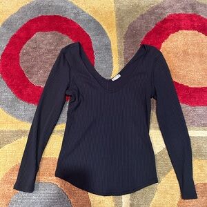 Intimately Free People Black Ribbed 3/4 Sleeve Scoop Neck Low Cut Top Size Small